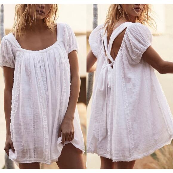 Free People Angele Mini Dress Medium White Gauze Babydoll Feminine Boho Resort - Picture 1 of 14